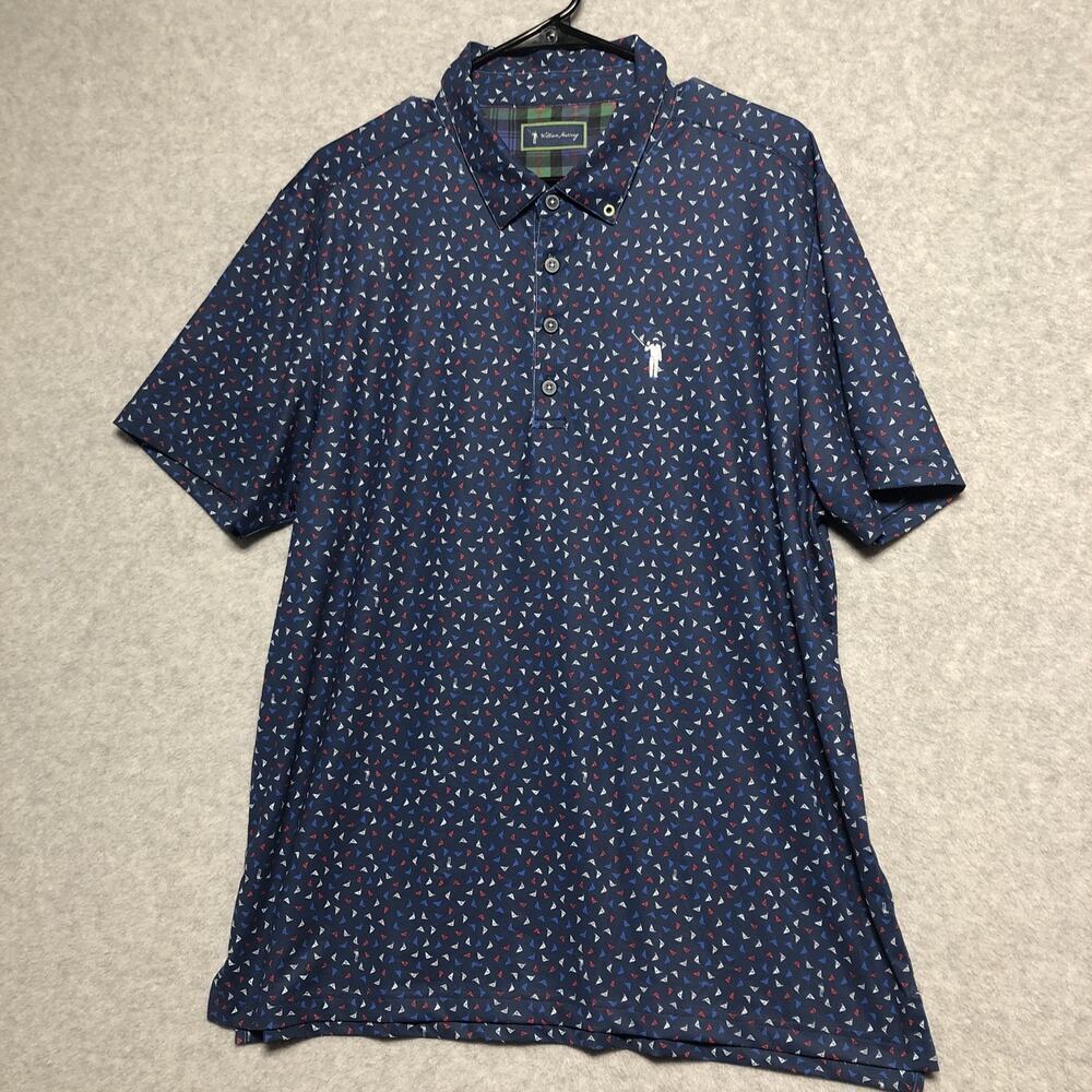 William Murray Mens Polo Large Golf Shirt Blue W/Allover Golf Flag Bill Golfer